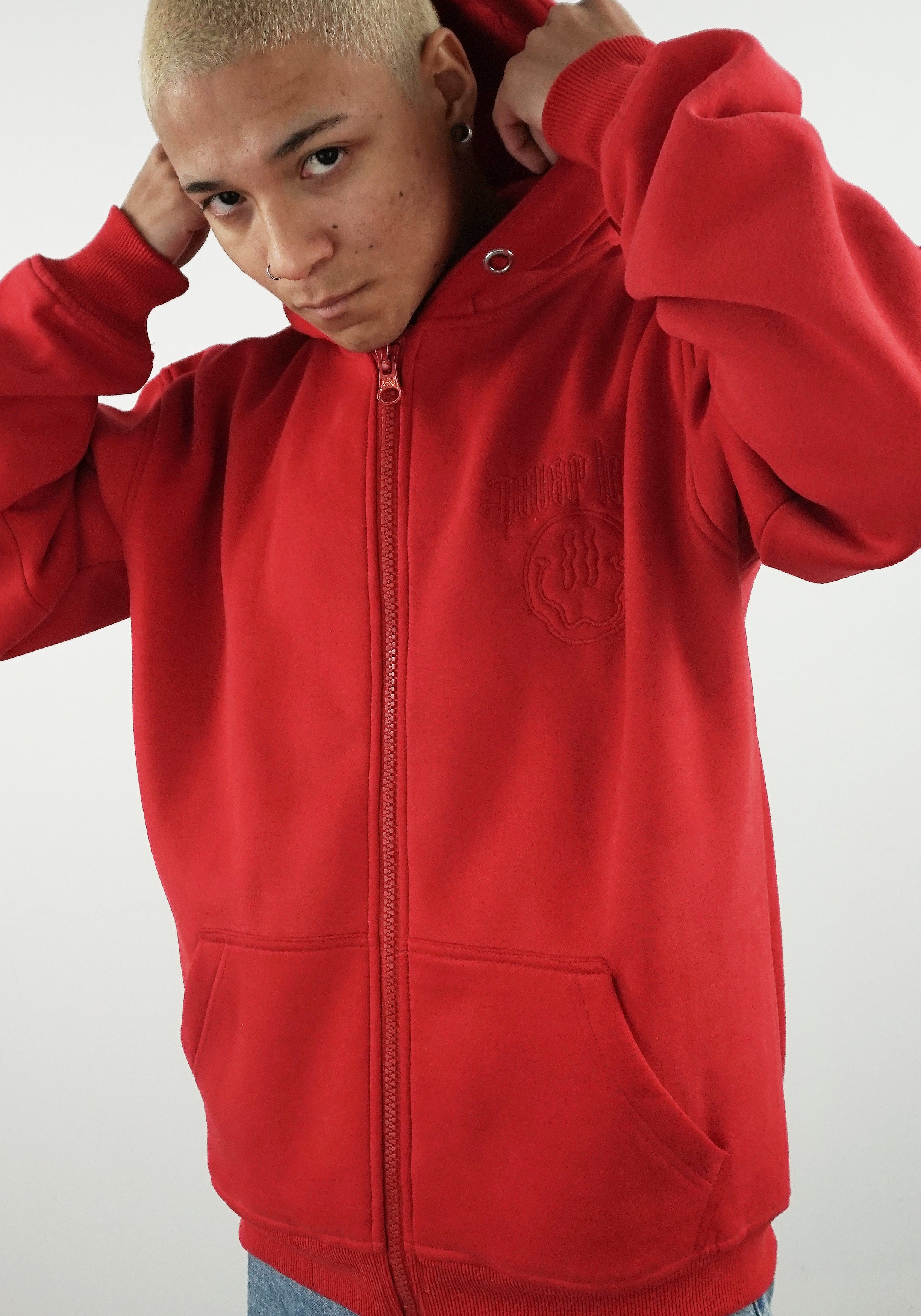 "SMILE" FIRE RED ZIP HOODIE