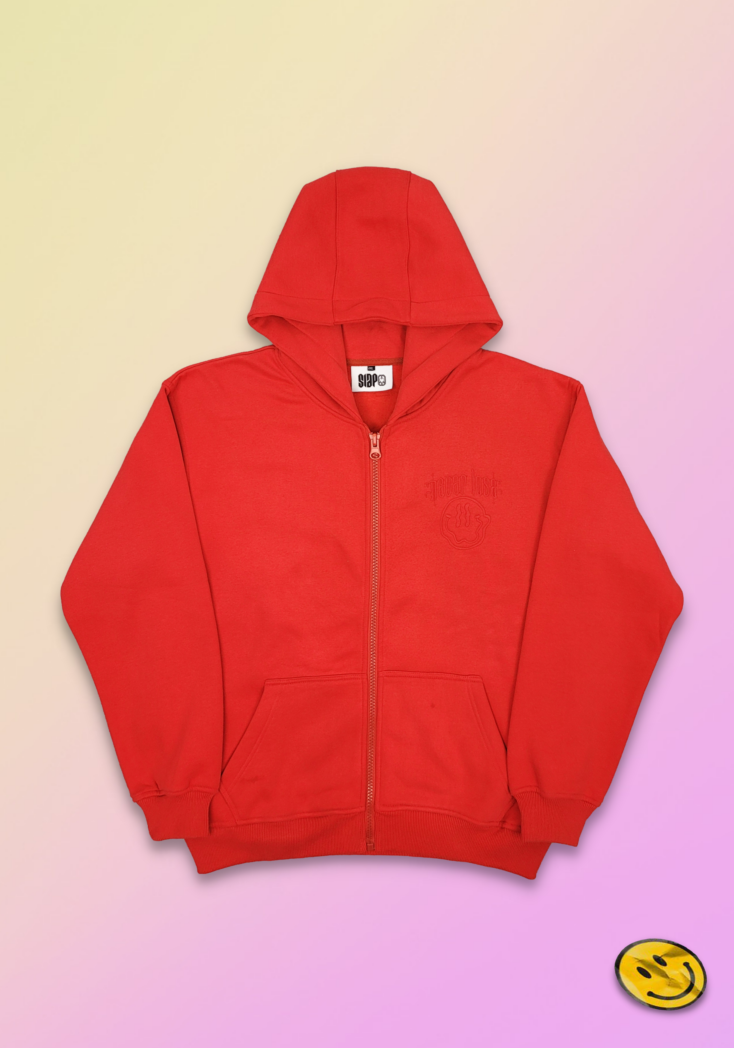 "SMILE" FIRE RED ZIP HOODIE