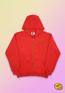 "SMILE" FIRE RED ZIP HOODIE